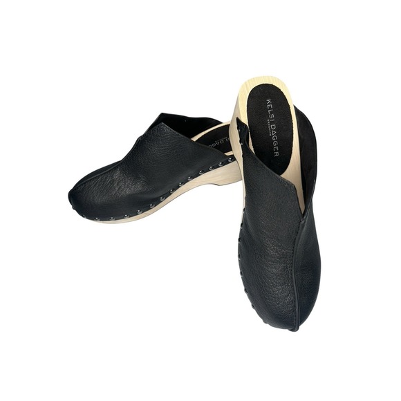 NEW Kelsi Dagger Brooklyn Jhett Leather Black Clogs Size 7.5 Anthropologie Wood - Picture 3 of 7